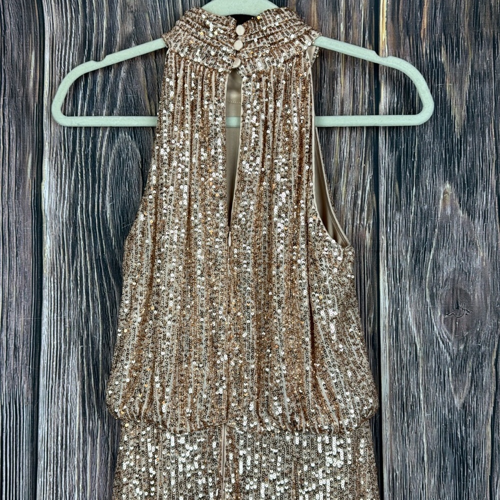 Elegant Rose Gold Sequined Mock Neck Sleeveless Dress- Size 6 - Picture 6 of 11